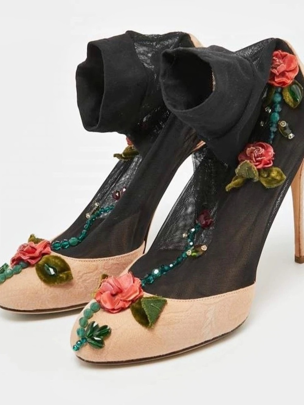 Dolce & Gabbana Floral Embroidered Mesh Sock Boots Pink & Black